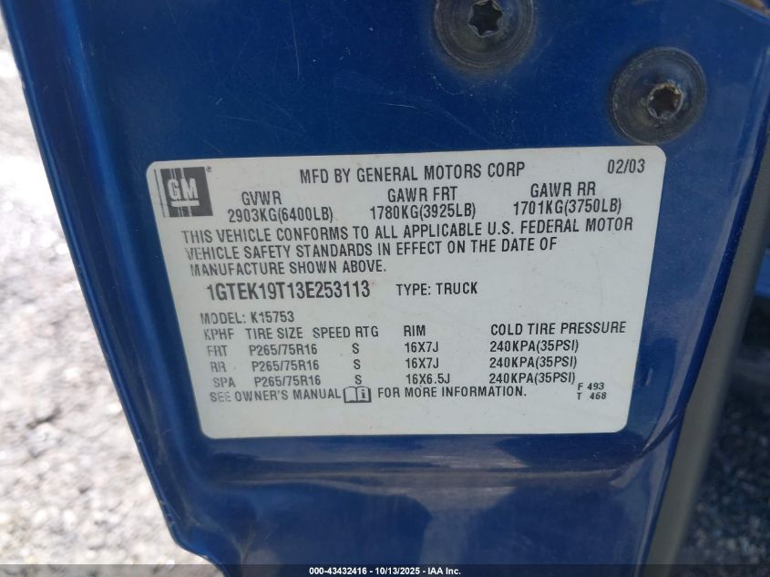 2003 GMC Sierra 1500 Sle VIN: 1GTEK19T13E253113 Lot: 43432416