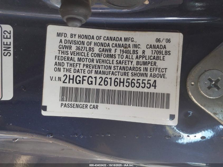 2006 Honda Civic Lx VIN: 2HGFG12616H565554 Lot: 43432422