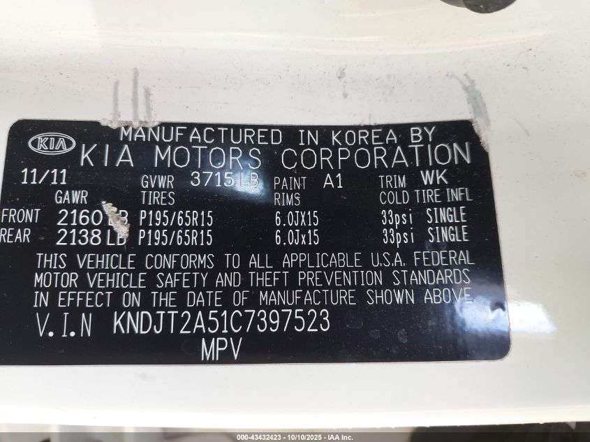 2012 Kia Soul VIN: KNDJT2A51C7397523 Lot: 43432423