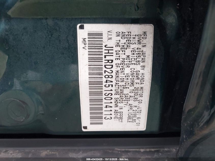 2001 Honda Cr-V Lx VIN: JHLRD28451S014113 Lot: 43432429