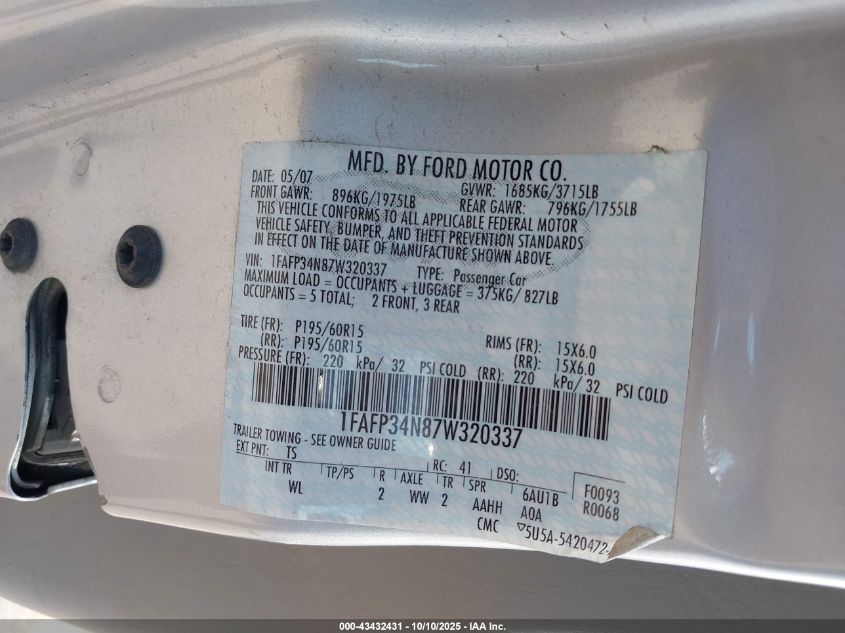 2007 Ford Focus S/Se/Ses VIN: 1FAFP34N87W320337 Lot: 43432431