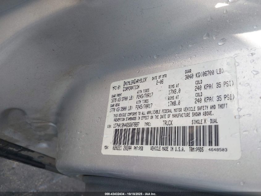 2006 Dodge Ram 1500 St VIN: 1D7HA18N46S607897 Lot: 43432434