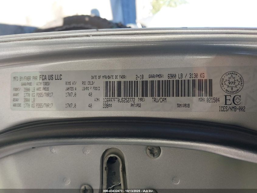 2018 Ram 1500 St VIN: 1C6RR7FT0JS252772 Lot: 43432473