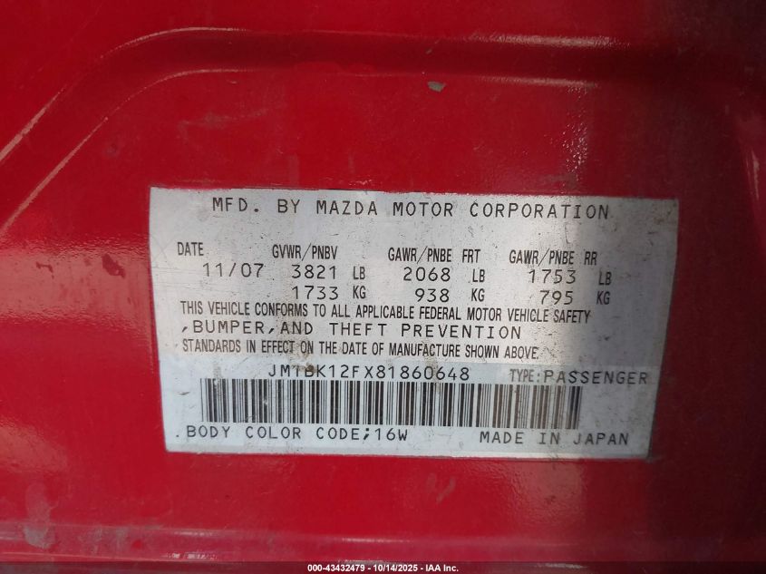 2008 Mazda Mazda3 I VIN: JM1BK12FX81860648 Lot: 43432479