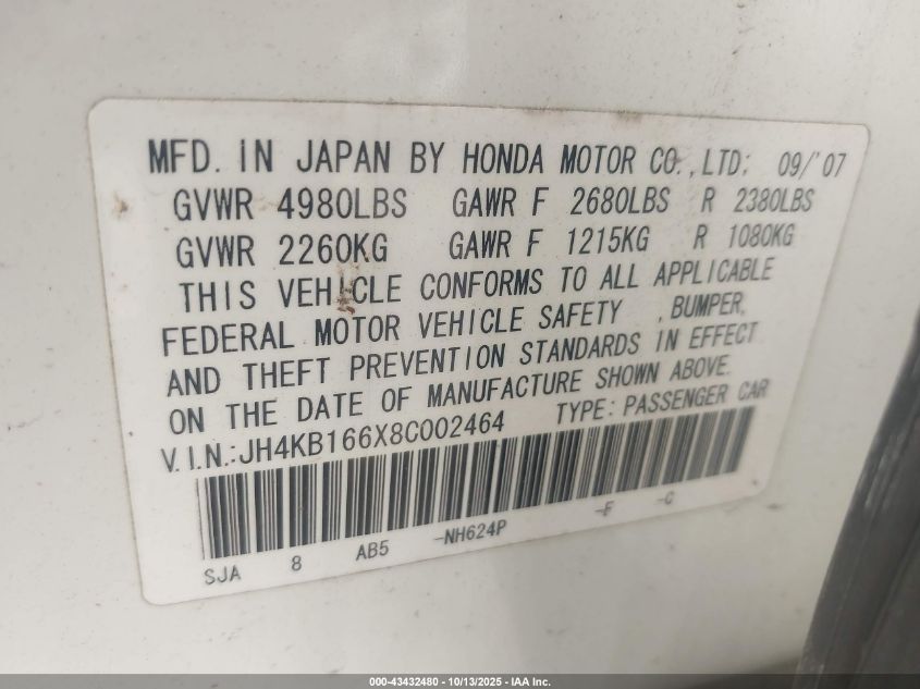 2008 Acura Rl 3.5 VIN: JH4KB166X8C002464 Lot: 43432480