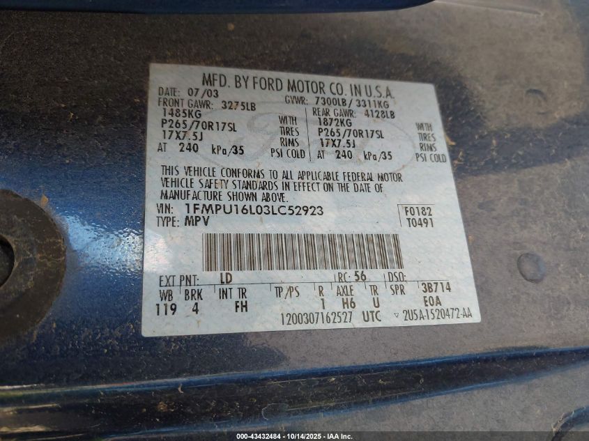 2003 Ford Expedition Xlt VIN: 1FMPU16L03LC52923 Lot: 43432484