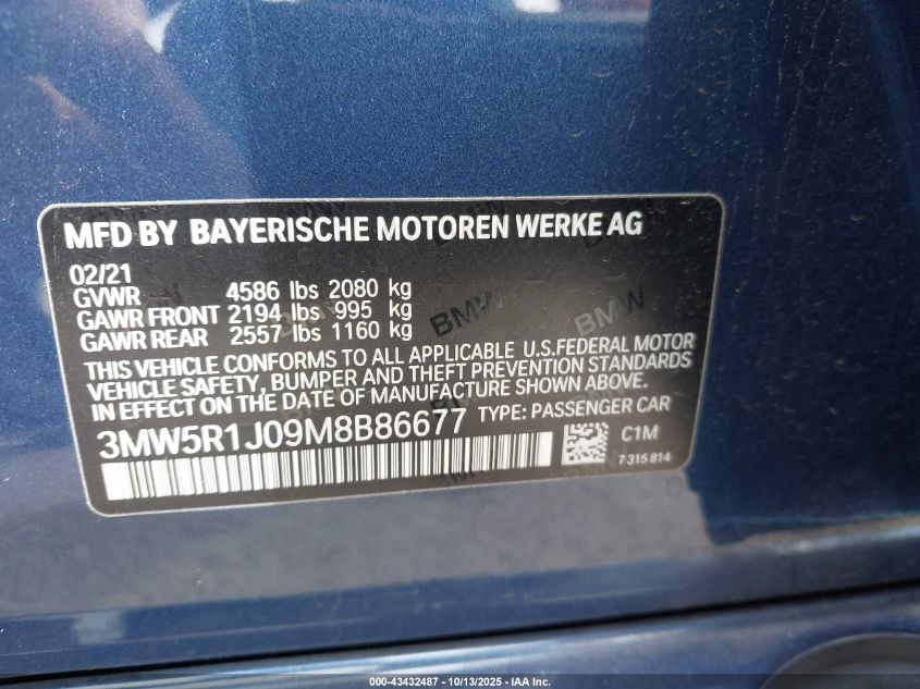 2021 BMW 330I VIN: 3MW5R1J09M8B86677 Lot: 43432487