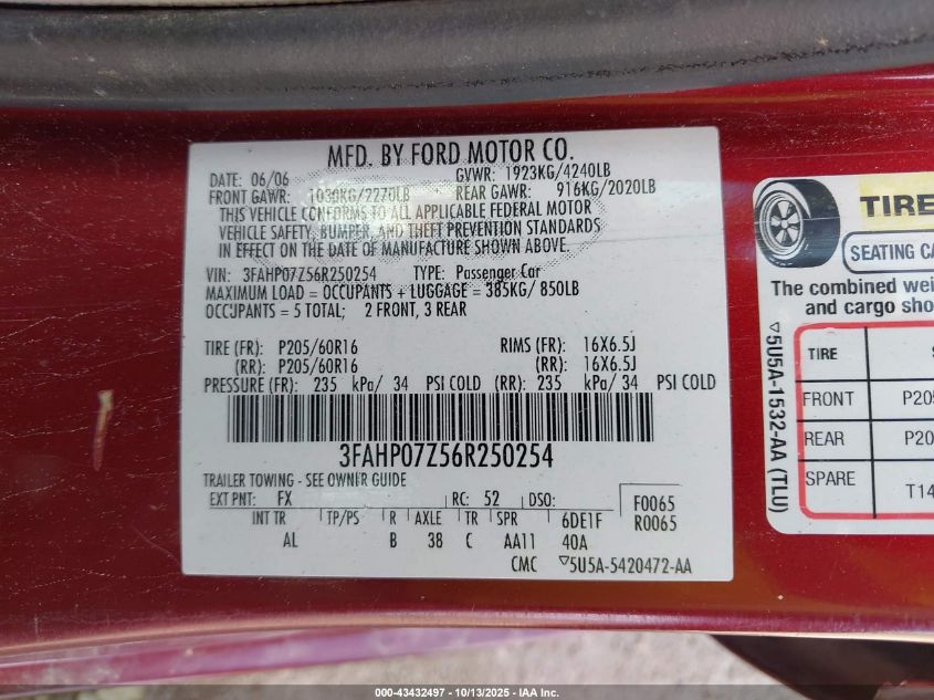 2006 Ford Fusion Se VIN: 3FAHP07Z56R250254 Lot: 43432497