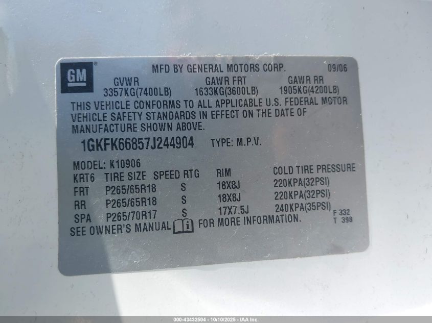 2007 GMC Yukon Xl 1500 Denali VIN: 1GKFK66857J244904 Lot: 43432504