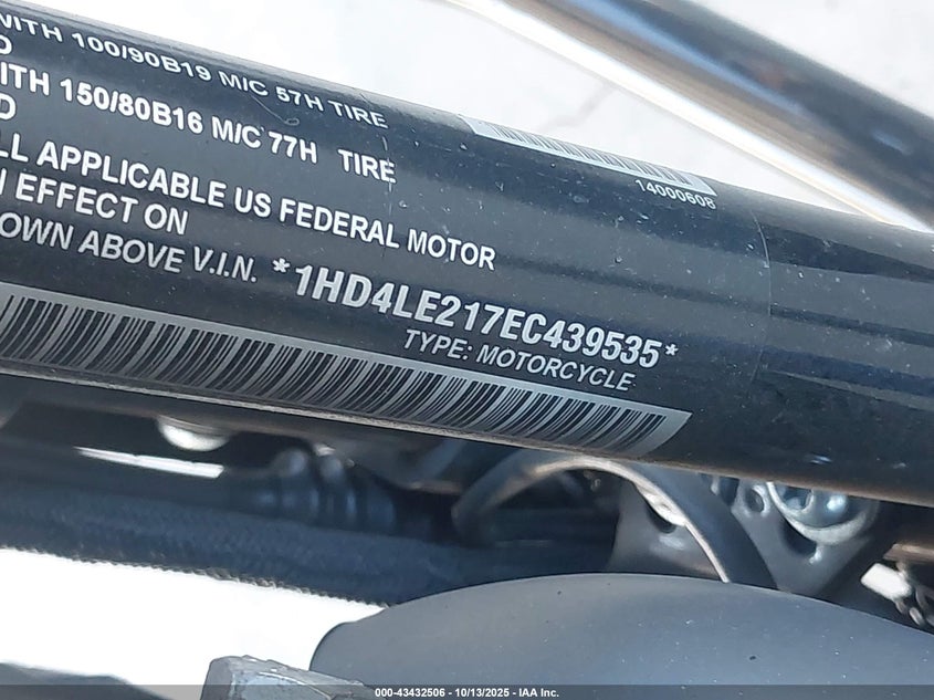 2014 Harley-Davidson Xl883 Iron 883 VIN: 1HD4LE217EC439535 Lot: 43432506