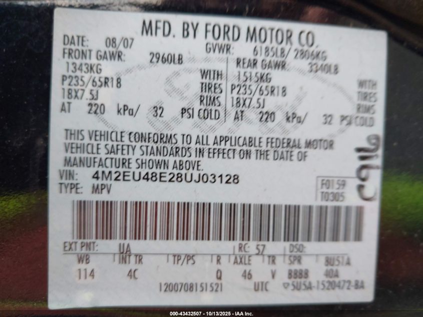 2008 Mercury Mountaineer Premier VIN: 4M2EU48E28UJ03128 Lot: 43432507