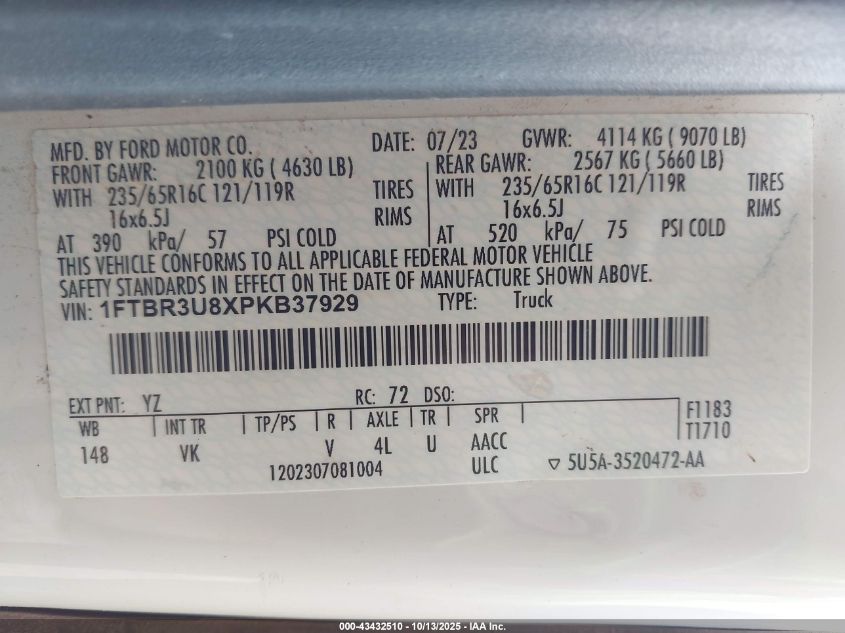 2023 Ford Transit-250 Cargo Van VIN: 1FTBR3U8XPKB37929 Lot: 43432510