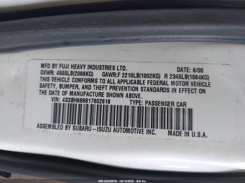 2001 Subaru Outback Limited VIN: 4S3BH686817602618 Lot: 43432519
