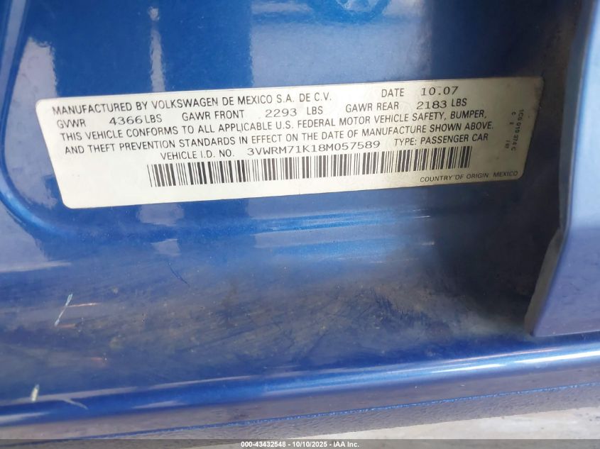 2008 Volkswagen Jetta Se/Sel VIN: 3VWRM71K18M057589 Lot: 43432548