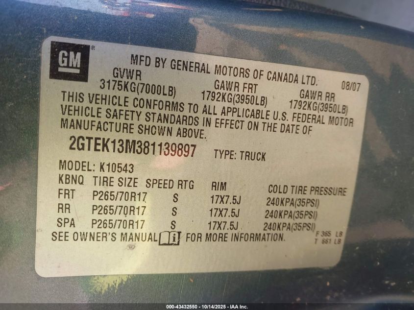 2008 GMC Sierra 1500 Sle1 VIN: 2GTEK13M381139897 Lot: 43432550