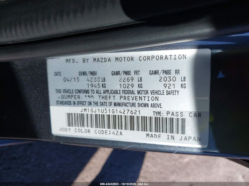 2016 Mazda Mazda6 I Sport VIN: JM1GJ1U51G1427621 Lot: 43432553