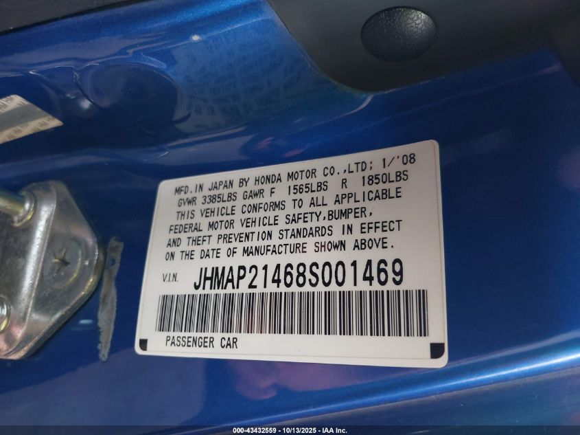 2008 Honda S2000 VIN: JHMAP21468S001469 Lot: 43432559