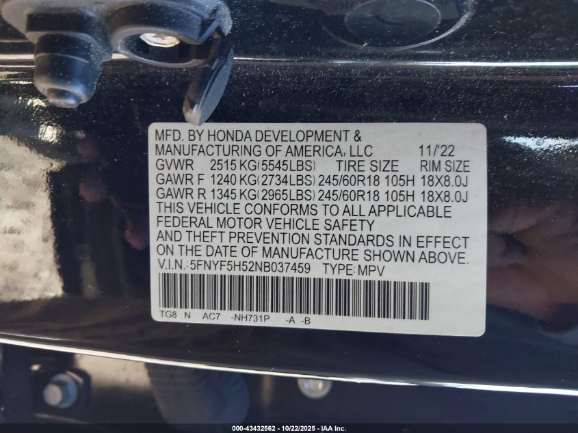 2022 Honda Pilot 2Wd Ex-L VIN: 5FNYF5H52NB037459 Lot: 43432562