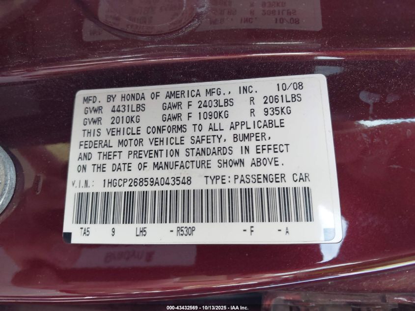 2009 Honda Accord 2.4 Ex-L VIN: 1HGCP26859A043548 Lot: 43432569