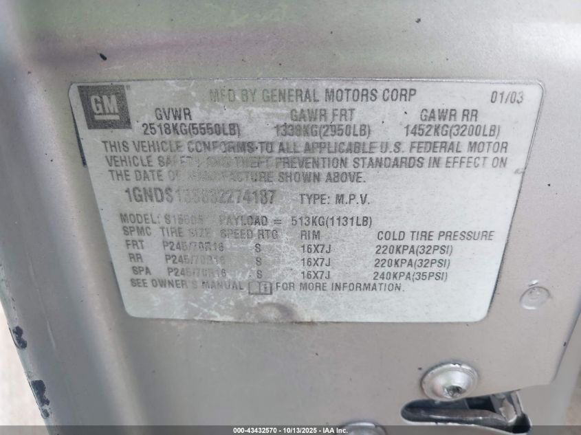 2003 Chevrolet Trailblazer Ls VIN: 1GNDS13S432157321 Lot: 43432570