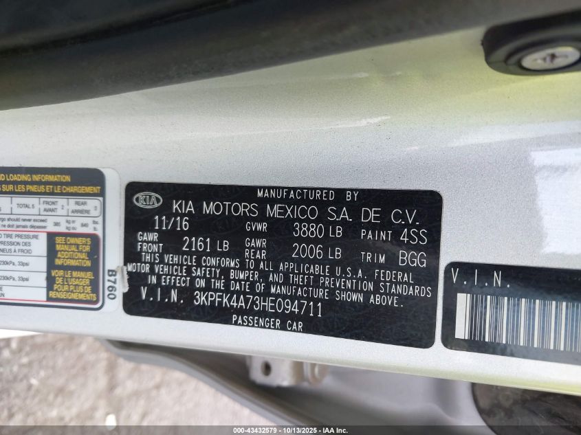 2017 Kia Forte Lx VIN: 3KPFK4A73HE094711 Lot: 43432579