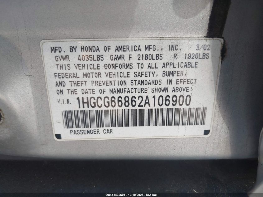 2002 Honda Accord 2.3 Ex/2.3 Se VIN: 1HGCG66862A106900 Lot: 43432601