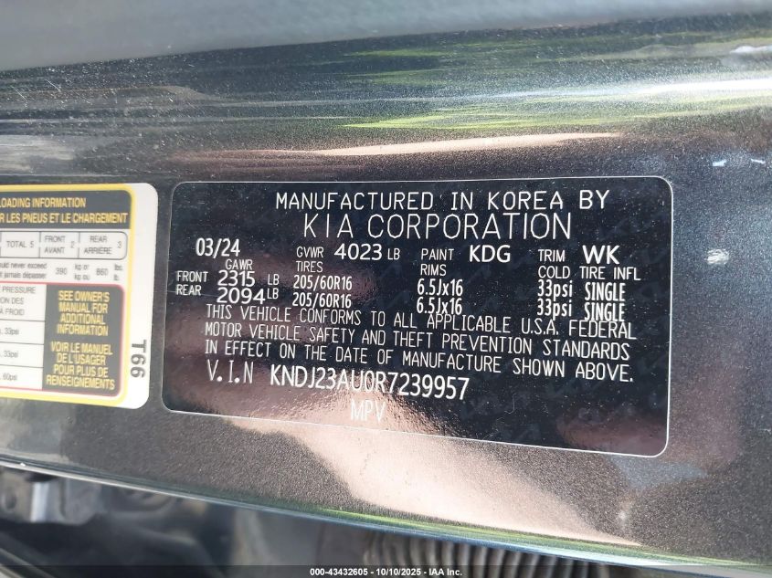 2024 Kia Soul Lx VIN: KNDJ23AU0R7239957 Lot: 43432605