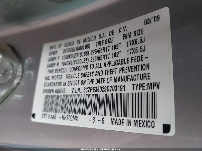 2009 Honda Cr-V Lx VIN: 3CZRE38329G703191 Lot: 43432609