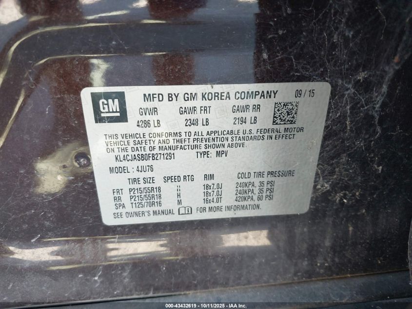 2015 Buick Encore VIN: KL4CJASB0FB271291 Lot: 43432619