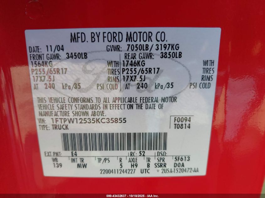 2005 Ford F-150 Lariat/Xlt VIN: 1FTPW12535KC35855 Lot: 43432637