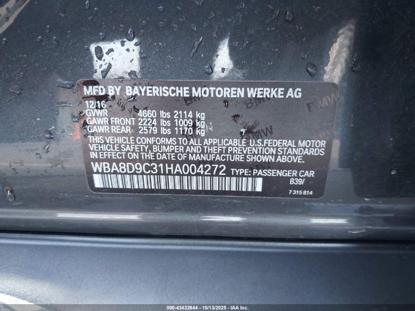 2017 BMW 330I xDrive VIN: WBA8D9C31HA004272 Lot: 43432644
