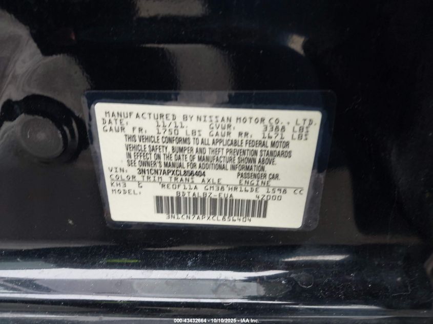 2012 Nissan Versa 1.6 Sv VIN: 3N1CN7APXCL856404 Lot: 43432664