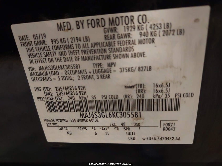 2019 FORD ECOSPORT SE MAJ6S3GL6KC305581