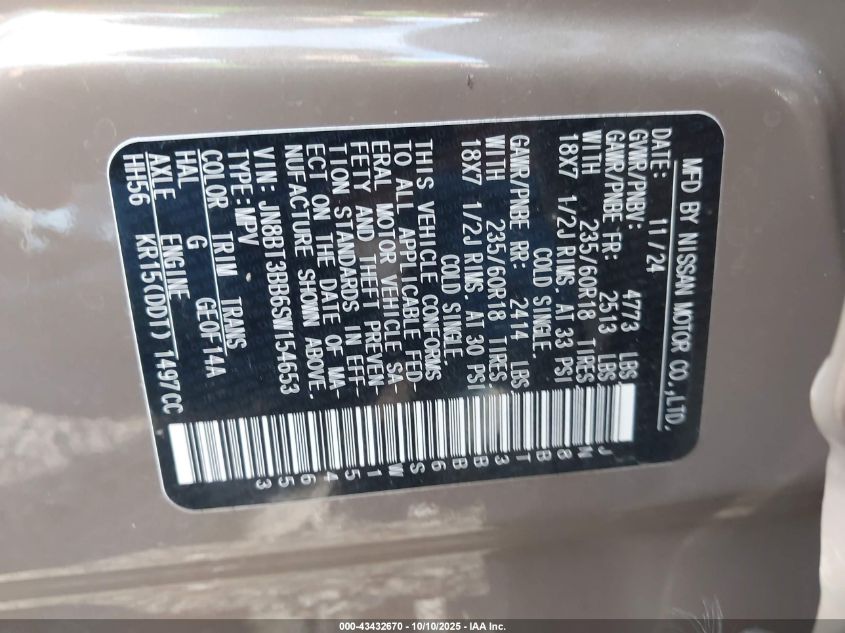 2025 Nissan Rogue Sv Intelligent Awd VIN: JN8BT3BB6SW154653 Lot: 43432670