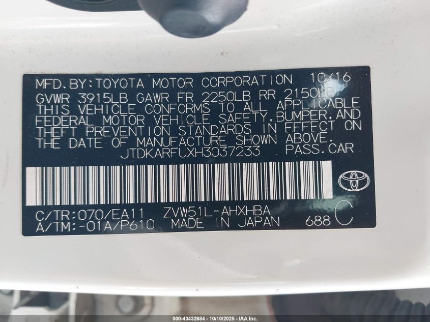 2017 Toyota Prius Three Touring VIN: JTDKARFUXH3037233 Lot: 43432684