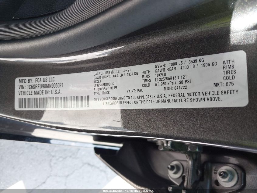 2021 Ram 1500 Trx 4X4 5'7 Box VIN: 1C6SRFU98MN906021 Lot: 43432685
