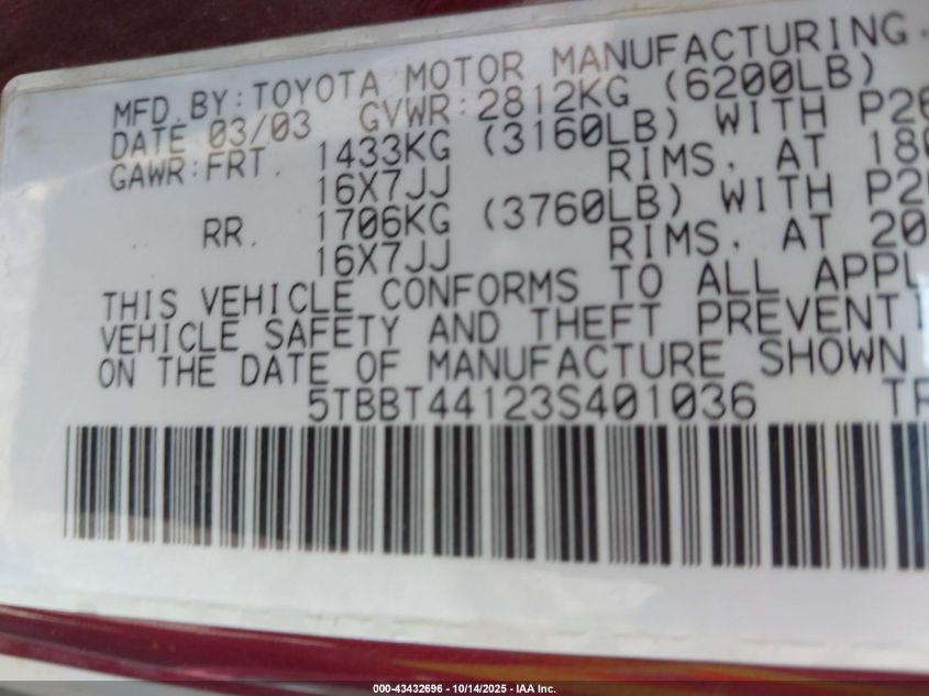 2003 Toyota Tundra Sr5 V8 VIN: 5TBBT44123S401036 Lot: 43432696