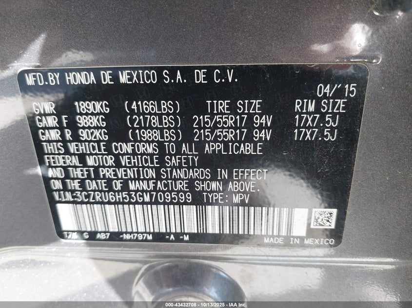 2016 HONDA HR-V EX 3CZRU6H53GM709599