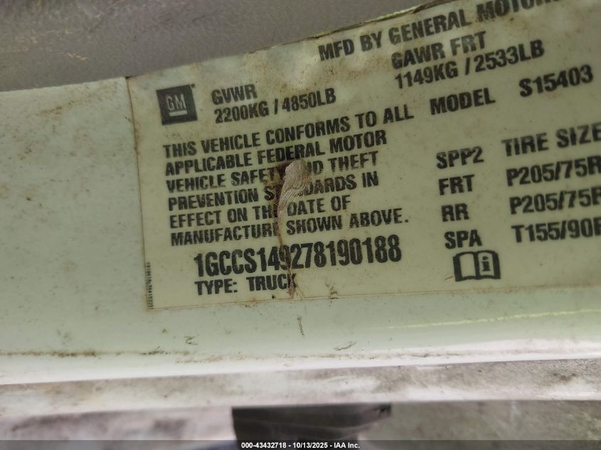 2007 Chevrolet Colorado Work Truck VIN: 1GCCS149278190188 Lot: 43432718