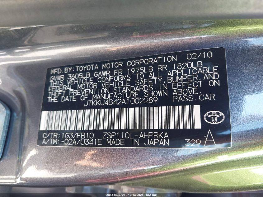 2010 Scion Xd VIN: JTKKU4B42A1002289 Lot: 43432727