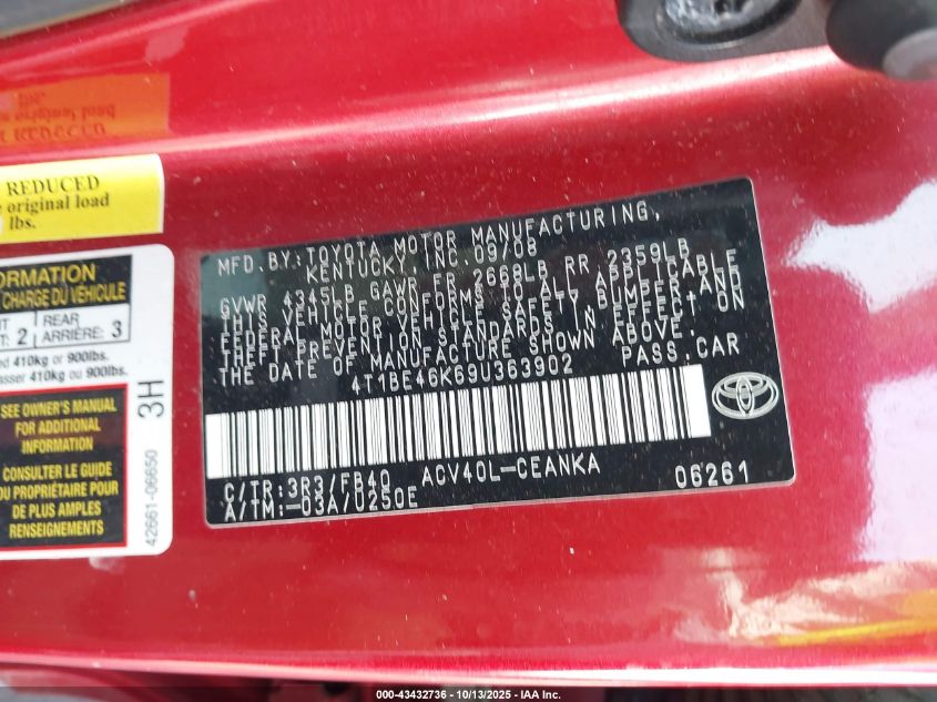 2009 Toyota Camry Le VIN: 4T1BE46K69U363902 Lot: 43432736