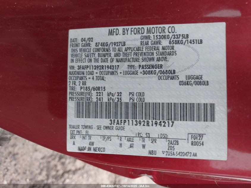 2002 Ford Escort Zx2 VIN: 3FAFP11392R194217 Lot: 43432747