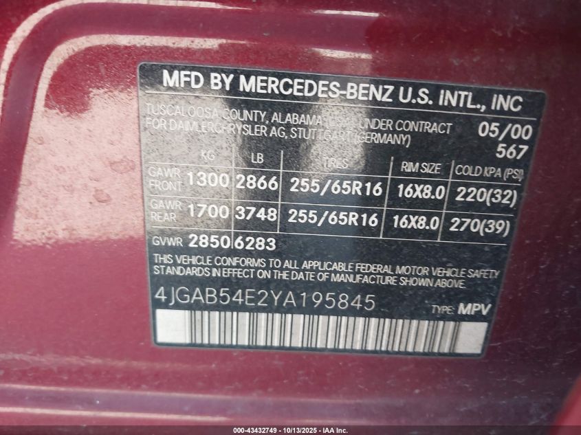 2000 Mercedes-Benz Ml 320 VIN: 4JGAB54E2YA195845 Lot: 43432749