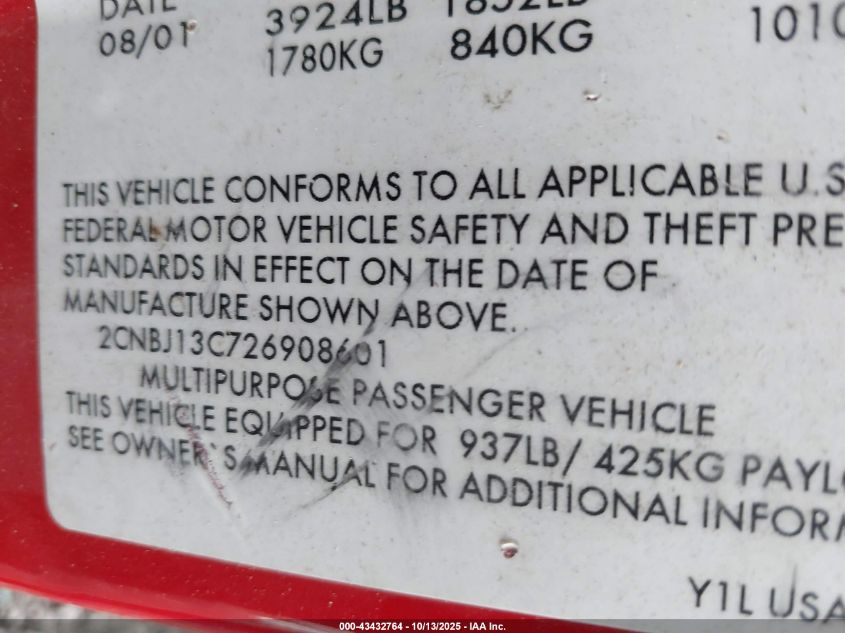 2002 Chevrolet Tracker Hard Top Base VIN: 2CNBJ13C726908601 Lot: 43432764