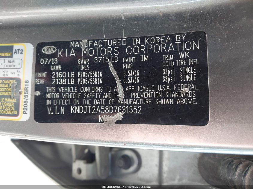 2013 Kia Soul VIN: KNDJT2A58D7631352 Lot: 43432766