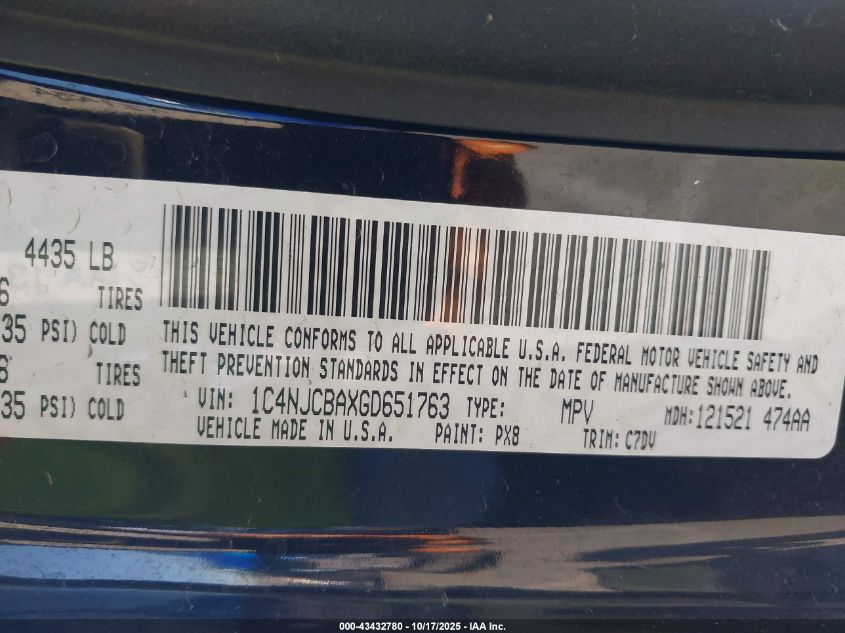 2016 Jeep Compass Sport VIN: 1C4NJCBAXGD651763 Lot: 43432780