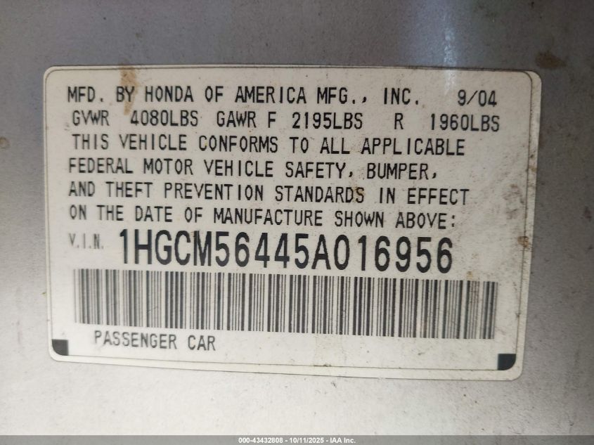 2005 Honda Accord 2.4 Lx VIN: 1HGCM56445A016956 Lot: 43432808