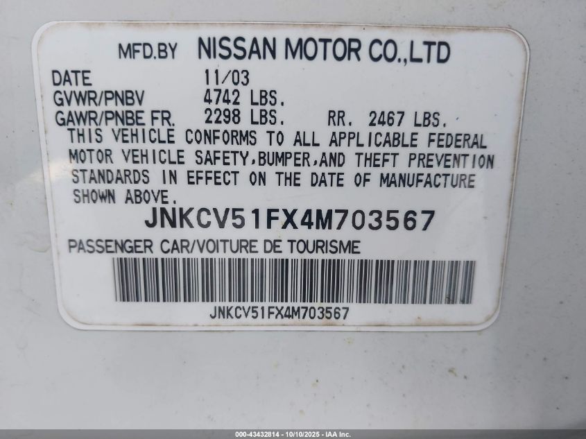 2004 Infiniti G35X VIN: JNKCV51FX4M703567 Lot: 43432814