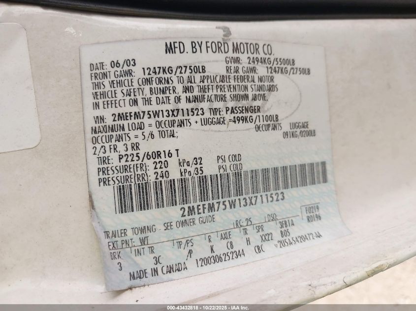 2003 Mercury Grand Marquis Ls VIN: 2MEFM75W13X711523 Lot: 43432818