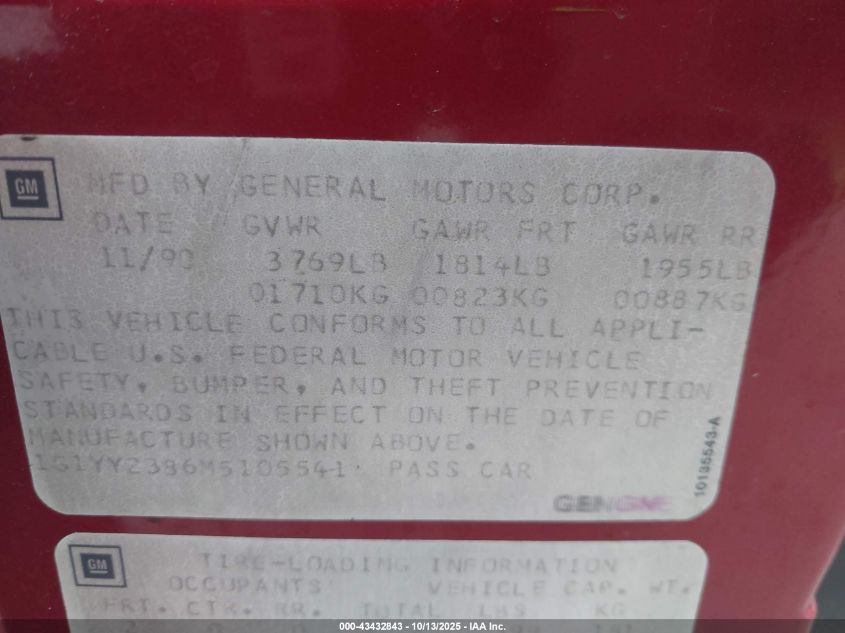 1991 Chevrolet Corvette VIN: 1G1YY2386M5105541 Lot: 43432843